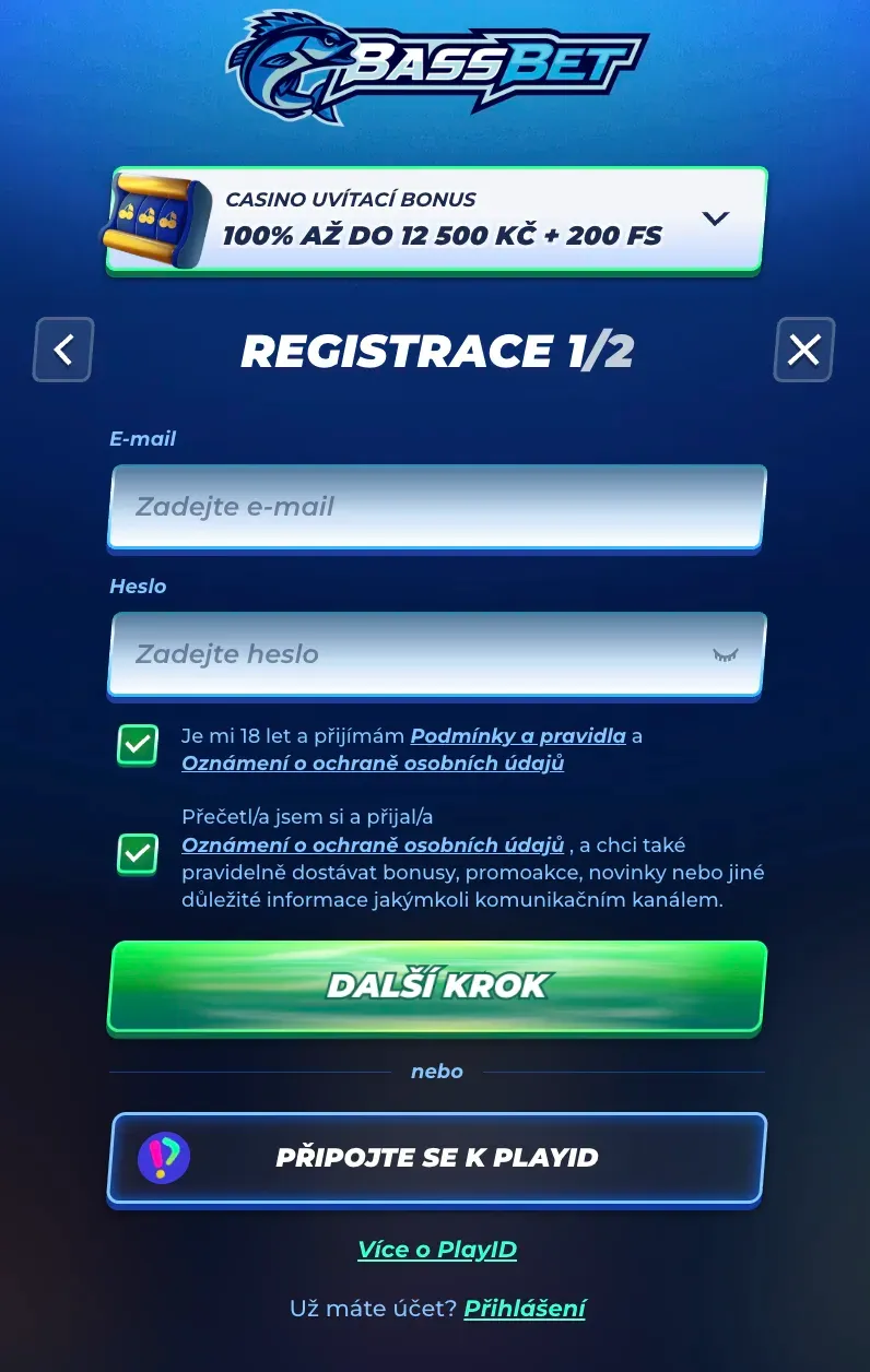 Registrační formulář v Bassbet casino